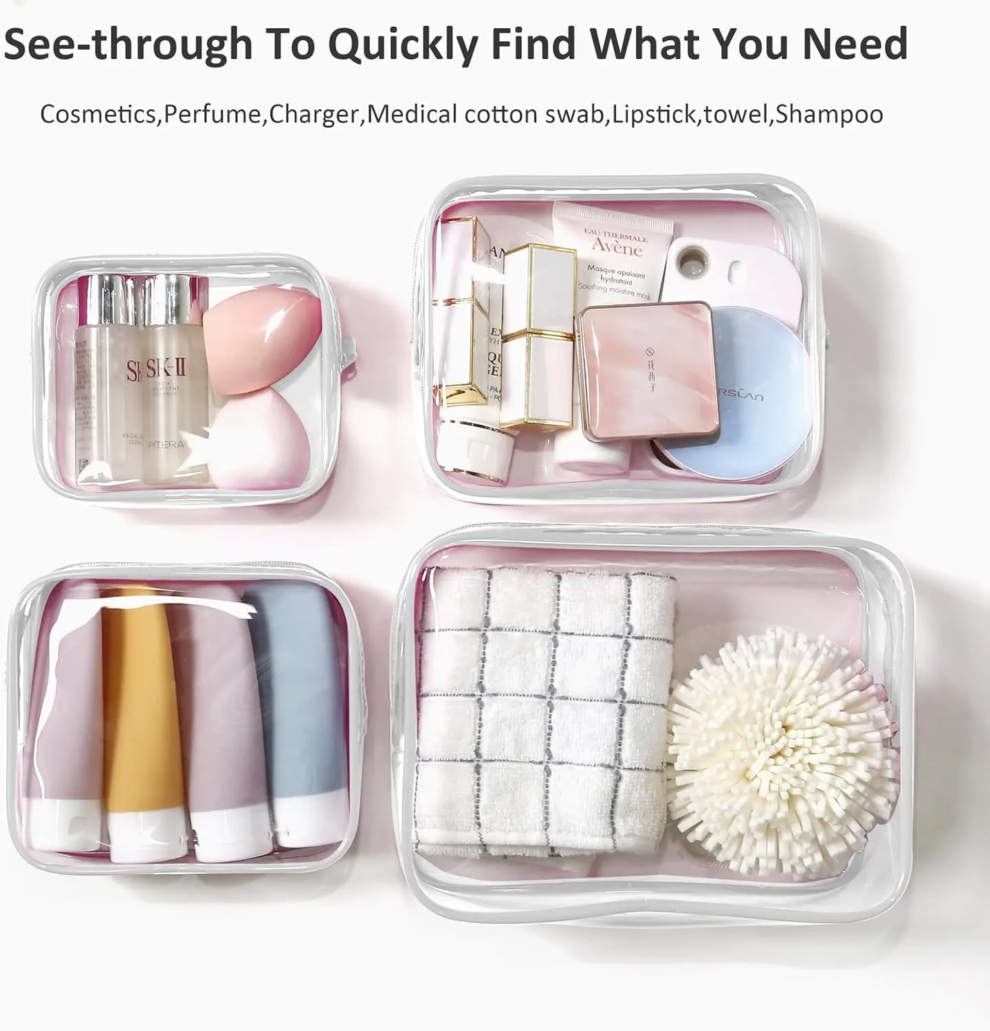 4 Pack Clear Makeup Bags, TSA Approved Toiletry Bag Car Organizer Travel Cosmetic Case Portable Travel Essentials Bags for Toiletries Clear Summer Beach Bag Carry on Airport Airline Compliant Bag