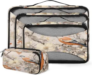 4 Set Packing Cubes for Suitcases, Travel Essentials for Carry on Luggage, Abstract Bird Suitcase Organizers for Clothes Shoes Toiletries Travel Accessories in 4 Sizes - Romantic Bird