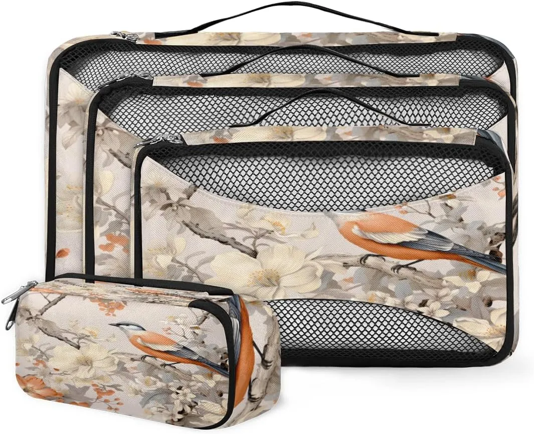 4 Set Packing Cubes for Suitcases, Travel Essentials for Carry on Luggage, Abstract Bird Suitcase Organizers for Clothes Shoes Toiletries Travel Accessories in 4 Sizes - Romantic Bird