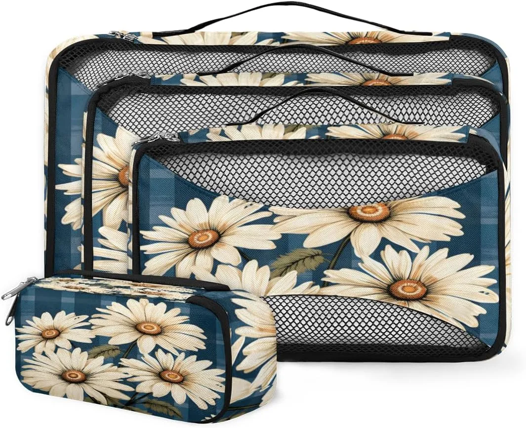 4 Set Packing Cubes for Suitcases, Travel Essentials for Carry on Luggage, Abstract Flower Suitcase Organizers for Clothes Shoes Toiletries Travel Accessories in 4 Sizes - Oil Painting Flower