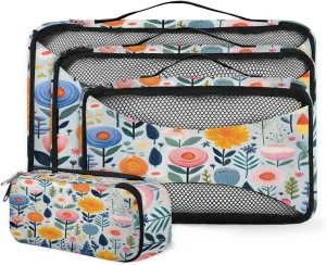 4 Set Packing Cubes for Suitcases, Travel Essentials for Carry on Luggage, Abstract Flowers Suitcase Organizers for Clothes Shoes Toiletries Travel Accessories in 4 Sizes - Magical Flowers