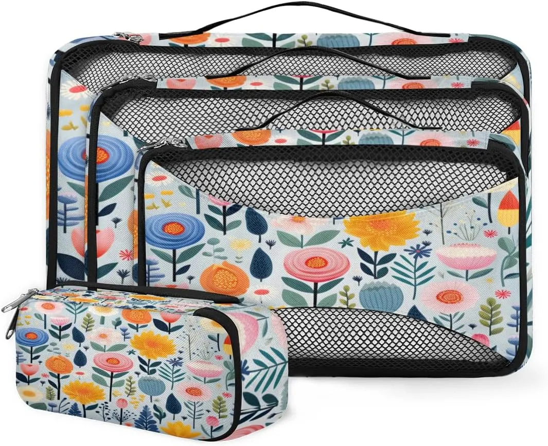 4 Set Packing Cubes for Suitcases, Travel Essentials for Carry on Luggage, Abstract Flowers Suitcase Organizers for Clothes Shoes Toiletries Travel Accessories in 4 Sizes - Magical Flowers