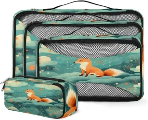4 Set Packing Cubes for Suitcases, Travel Essentials for Carry on Luggage, Abstract Fox Suitcase Organizers for Clothes Shoes Toiletries Travel Accessories in 4 Sizes - Lovely Fox