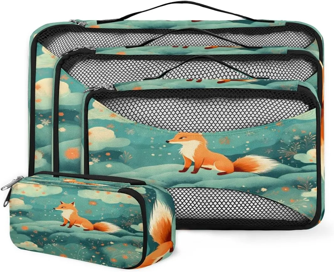4 Set Packing Cubes for Suitcases, Travel Essentials for Carry on Luggage, Abstract Fox Suitcase Organizers for Clothes Shoes Toiletries Travel Accessories in 4 Sizes - Lovely Fox