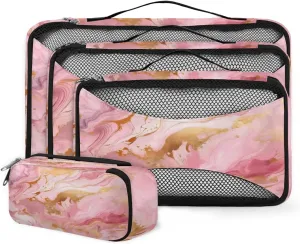 4 Set Packing Cubes for Suitcases, Travel Essentials for Carry on Luggage, Abstract Marble Suitcase Organizers for Clothes Shoes Toiletries Travel Accessories in 4 Sizes - Pink Gold Marble