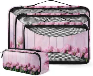 4 Set Packing Cubes for Suitcases, Travel Essentials for Carry on Luggage, Abstract Tulips Suitcase Organizers for Clothes Shoes Toiletries Travel Accessories in 4 Sizes - Flowers Tulips