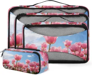 4 Set Packing Cubes for Suitcases, Travel Essentials for Carry on Luggage, Abstract Tulips Suitcase Organizers for Clothes Shoes Toiletries Travel Accessories in 4 Sizes - Watercolor Tulips