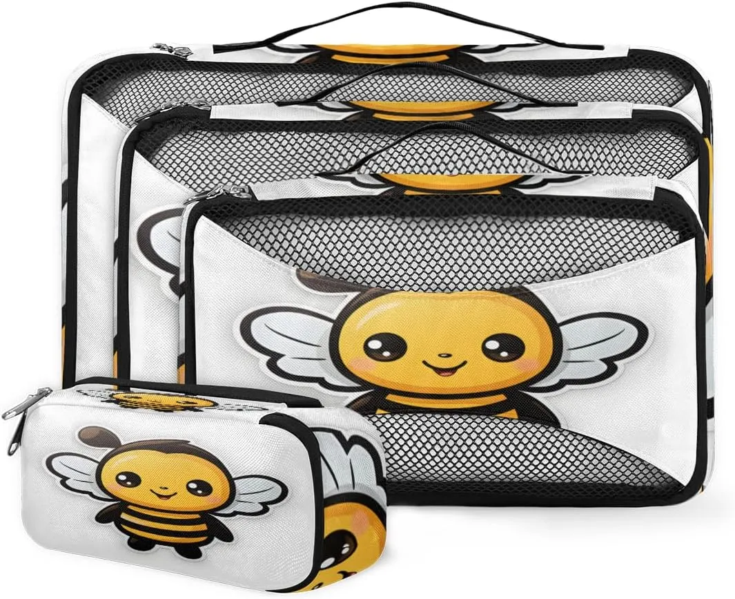 4 Set Packing Cubes for Suitcases, Travel Essentials for Carry on Luggage, Artistic Bee Suitcase Organizers for Clothes Shoes Toiletries Travel Accessories in 4 Sizes - Cute Bee