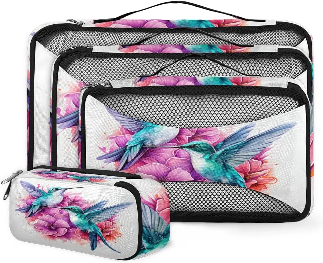 4 Set Packing Cubes for Suitcases, Travel Essentials for Carry on Luggage, Artistic Bird Suitcase Organizers for Clothes Shoes Toiletries Travel Accessories in 4 Sizes - Cartoon Bird