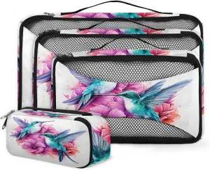 4 Set Packing Cubes for Suitcases, Travel Essentials for Carry on Luggage, Artistic Bird Suitcase Organizers for Clothes Shoes Toiletries Travel Accessories in 4 Sizes - Cartoon Bird