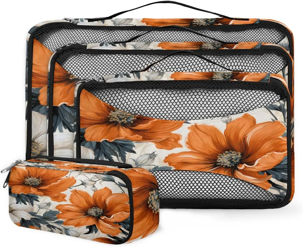4 Set Packing Cubes for Suitcases, Travel Essentials for Carry on Luggage, Artistic Flower Suitcase Organizers for Clothes Shoes Toiletries Travel Accessories in 4 Sizes - Lively Flower