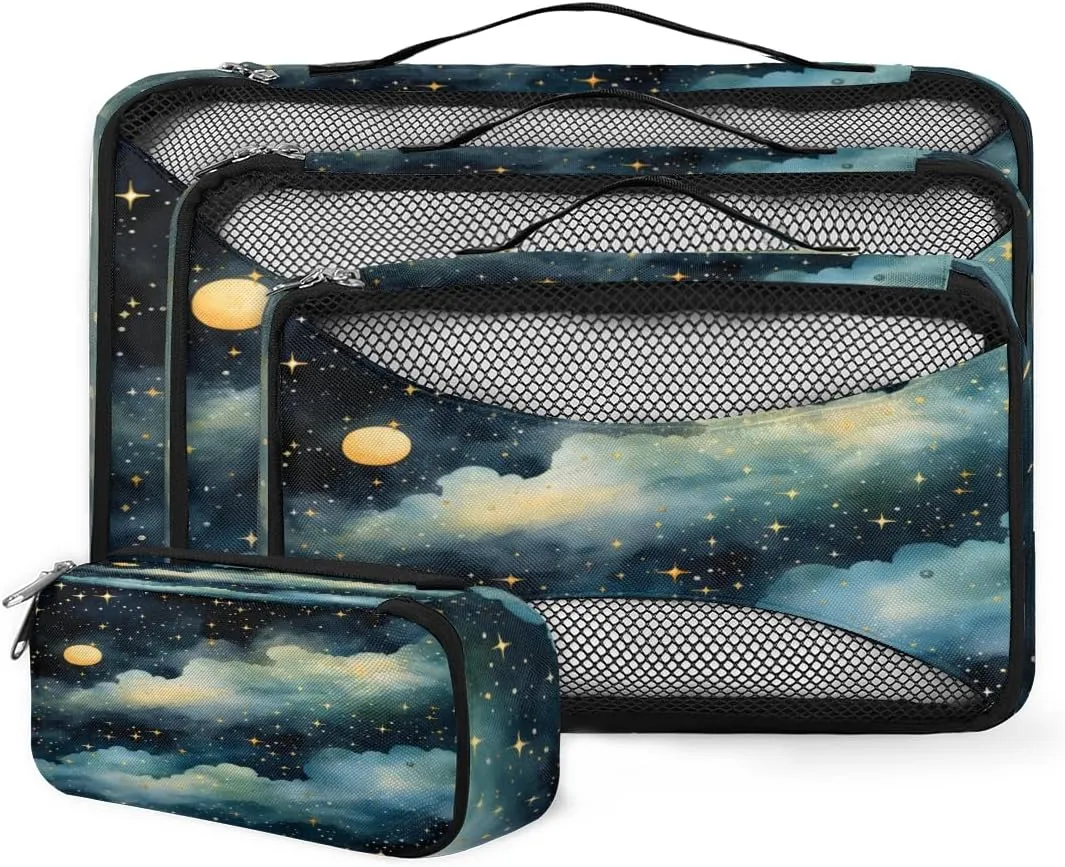 4 Set Packing Cubes for Suitcases, Travel Essentials for Carry on Luggage, Artistic Galaxy Suitcase Organizers for Clothes Shoes Toiletries Travel Accessories in 4 Sizes - Fantastic Galaxy