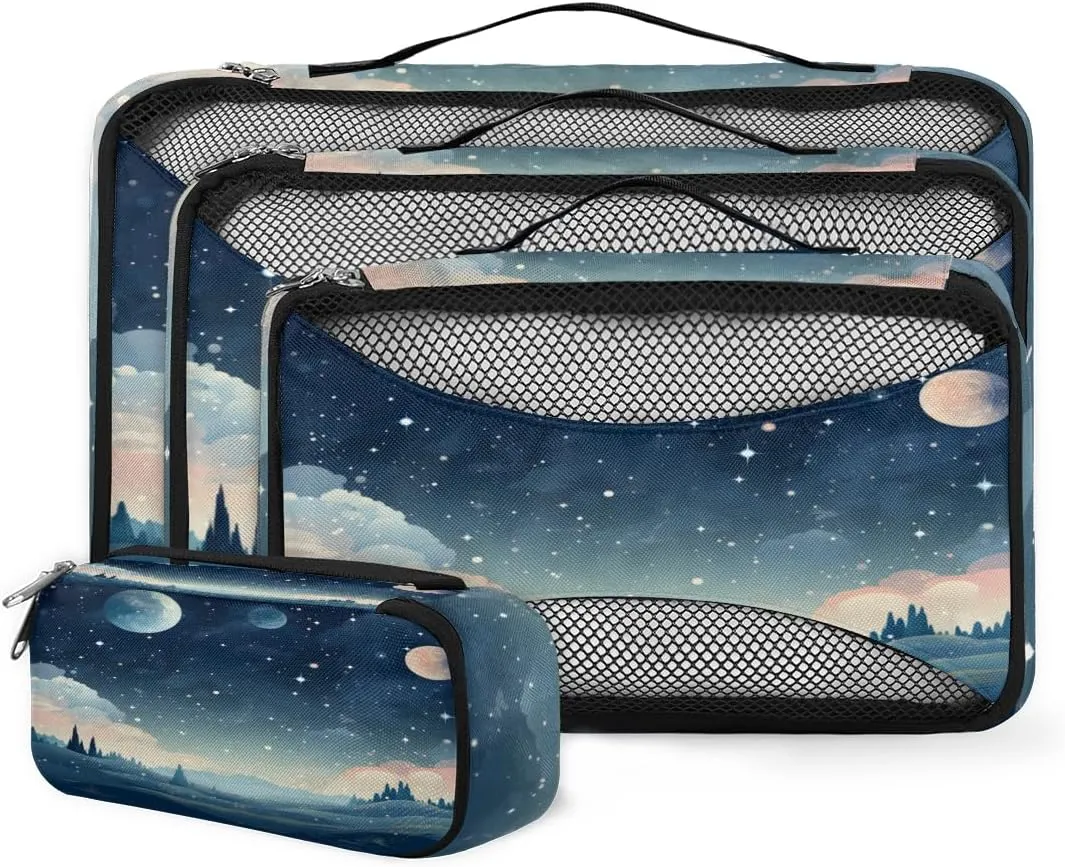 4 Set Packing Cubes for Suitcases, Travel Essentials for Carry on Luggage, Artistic Galaxy Suitcase Organizers for Clothes Shoes Toiletries Travel Accessories in 4 Sizes - Universe Galaxy