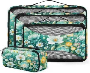 4 Set Packing Cubes for Suitcases, Travel Essentials for Carry on Luggage, Beautiful Flowers Suitcase Organizers for Clothes Shoes Toiletries Travel Accessories in 4 Sizes - Watercolor Flowers