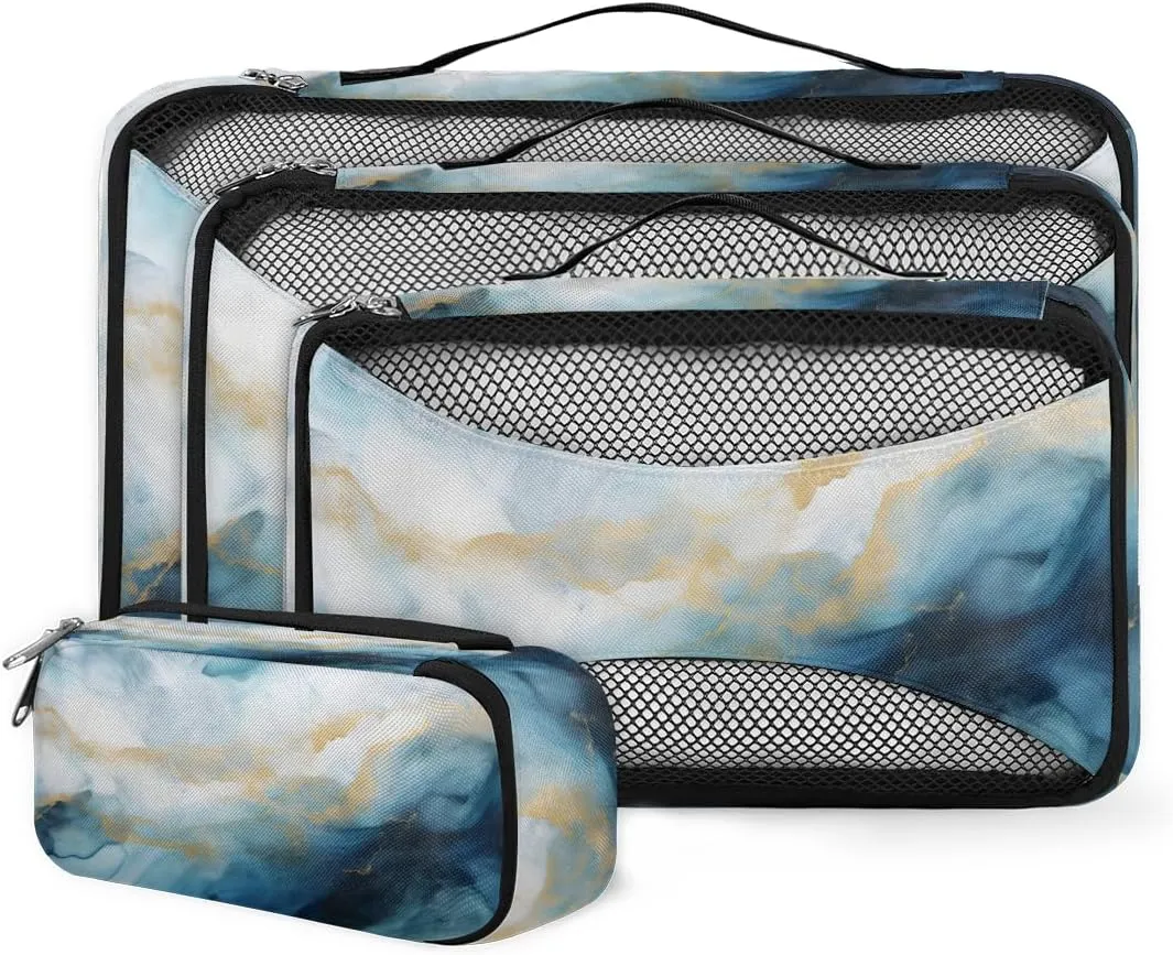 4 Set Packing Cubes for Suitcases, Travel Essentials for Carry on Luggage, Blue Gold Marble Suitcase Organizers for Clothes Shoes Toiletries Travel Accessories in 4 Sizes - Modern Marble