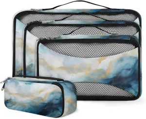 4 Set Packing Cubes for Suitcases, Travel Essentials for Carry on Luggage, Blue Gold Marble Suitcase Organizers for Clothes Shoes Toiletries Travel Accessories in 4 Sizes - Modern Marble