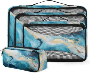 4 Set Packing Cubes for Suitcases, Travel Essentials for Carry on Luggage, Blue Gold Marble Suitcase Organizers for Clothes Shoes Toiletries Travel Accessories in 4 Sizes - Retro Marble