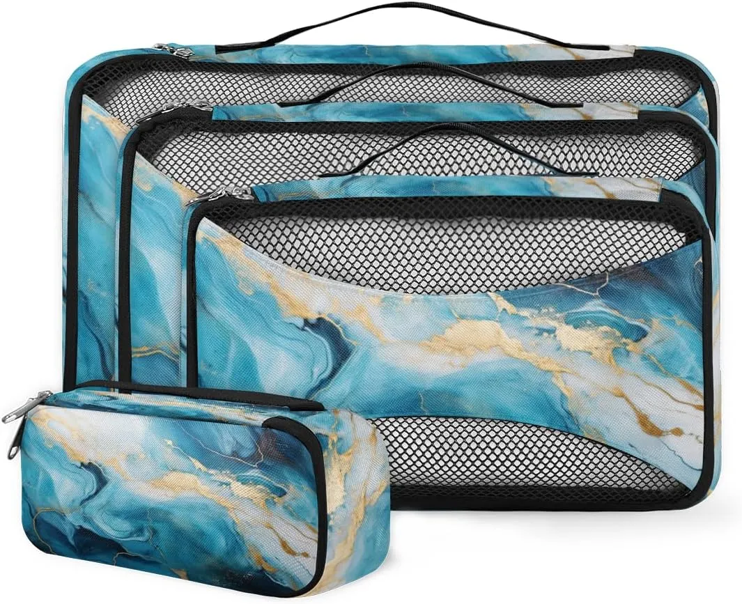 4 Set Packing Cubes for Suitcases, Travel Essentials for Carry on Luggage, Blue Gold Marble Suitcase Organizers for Clothes Shoes Toiletries Travel Accessories in 4 Sizes - Retro Marble