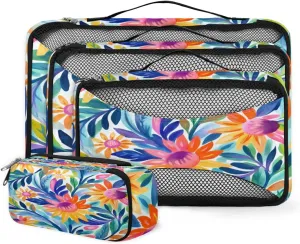 4 Set Packing Cubes for Suitcases, Travel Essentials for Carry on Luggage, Bright Flowers Suitcase Organizers for Clothes Shoes Toiletries Travel Accessories in 4 Sizes - Mystical Flowers