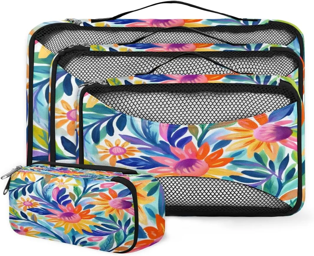 4 Set Packing Cubes for Suitcases, Travel Essentials for Carry on Luggage, Bright Flowers Suitcase Organizers for Clothes Shoes Toiletries Travel Accessories in 4 Sizes - Mystical Flowers