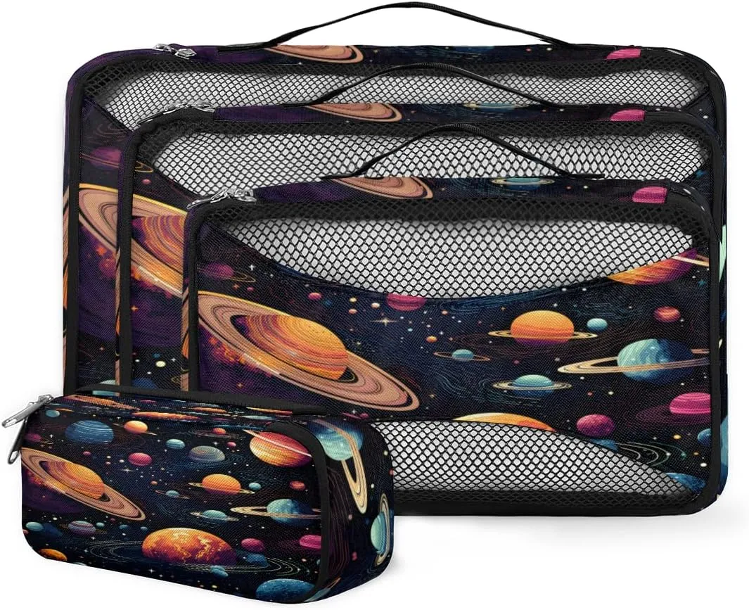 4 Set Packing Cubes for Suitcases, Travel Essentials for Carry on Luggage, Bright Galaxy Suitcase Organizers for Clothes Shoes Toiletries Travel Accessories in 4 Sizes - Artistic Galaxy