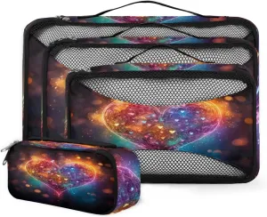 4 Set Packing Cubes for Suitcases, Travel Essentials for Carry on Luggage, Bright Heart Suitcase Organizers for Clothes Shoes Toiletries Travel Accessories in 4 Sizes - Fantastic Heart