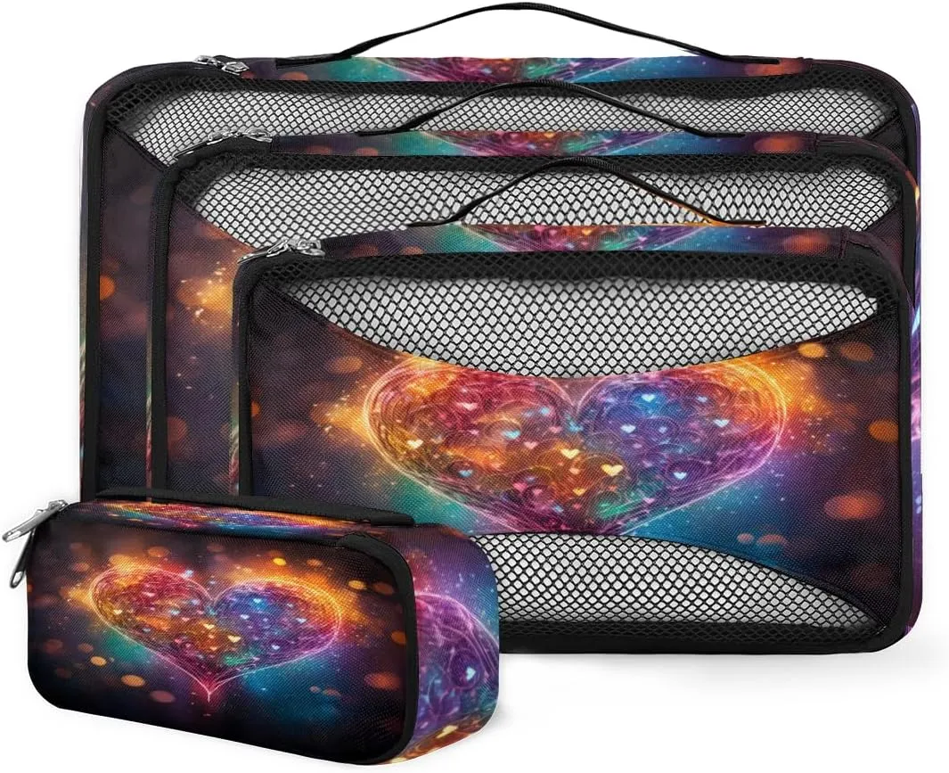 4 Set Packing Cubes for Suitcases, Travel Essentials for Carry on Luggage, Bright Heart Suitcase Organizers for Clothes Shoes Toiletries Travel Accessories in 4 Sizes - Fantastic Heart