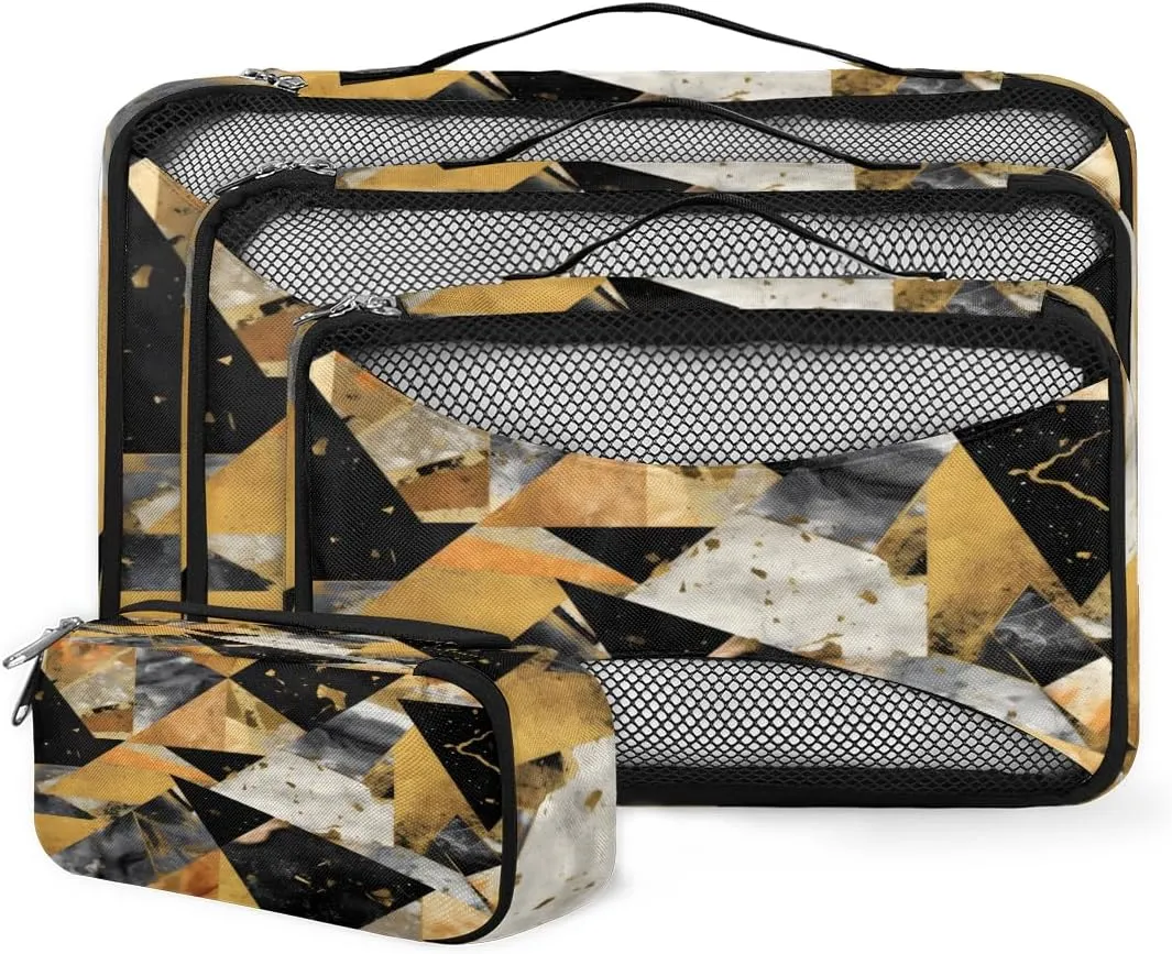 4 Set Packing Cubes for Suitcases, Travel Essentials for Carry on Luggage, Bright Marble Suitcase Organizers for Clothes Shoes Toiletries Travel Accessories in 4 Sizes - Black Gold Marble