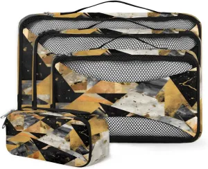 4 Set Packing Cubes for Suitcases, Travel Essentials for Carry on Luggage, Bright Marble Suitcase Organizers for Clothes Shoes Toiletries Travel Accessories in 4 Sizes - Black Gold Marble