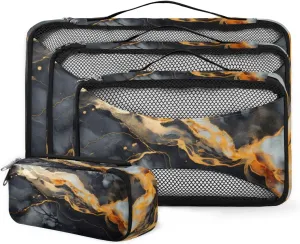 4 Set Packing Cubes for Suitcases, Travel Essentials for Carry on Luggage, Bright Marble Suitcase Organizers for Clothes Shoes Toiletries Travel Accessories in 4 Sizes - Watercolor Marble