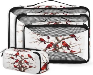 4 Set Packing Cubes for Suitcases, Travel Essentials for Carry on Luggage, Cardinal Bird Suitcase Organizers for Clothes Shoes Toiletries Travel Accessories in 4 Sizes - Winter Xmas