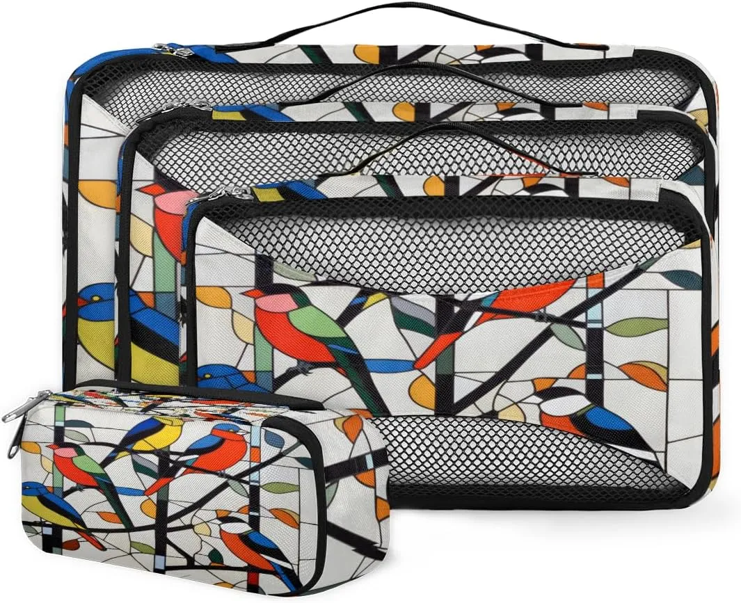 4 Set Packing Cubes for Suitcases, Travel Essentials for Carry on Luggage, Cartoon Bird Suitcase Organizers for Clothes Shoes Toiletries Travel Accessories in 4 Sizes - Abstract Bird