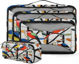 4 Set Packing Cubes for Suitcases, Travel Essentials for Carry on Luggage, Cartoon Bird Suitcase Organizers for Clothes Shoes Toiletries Travel Accessories in 4 Sizes - Abstract Bird