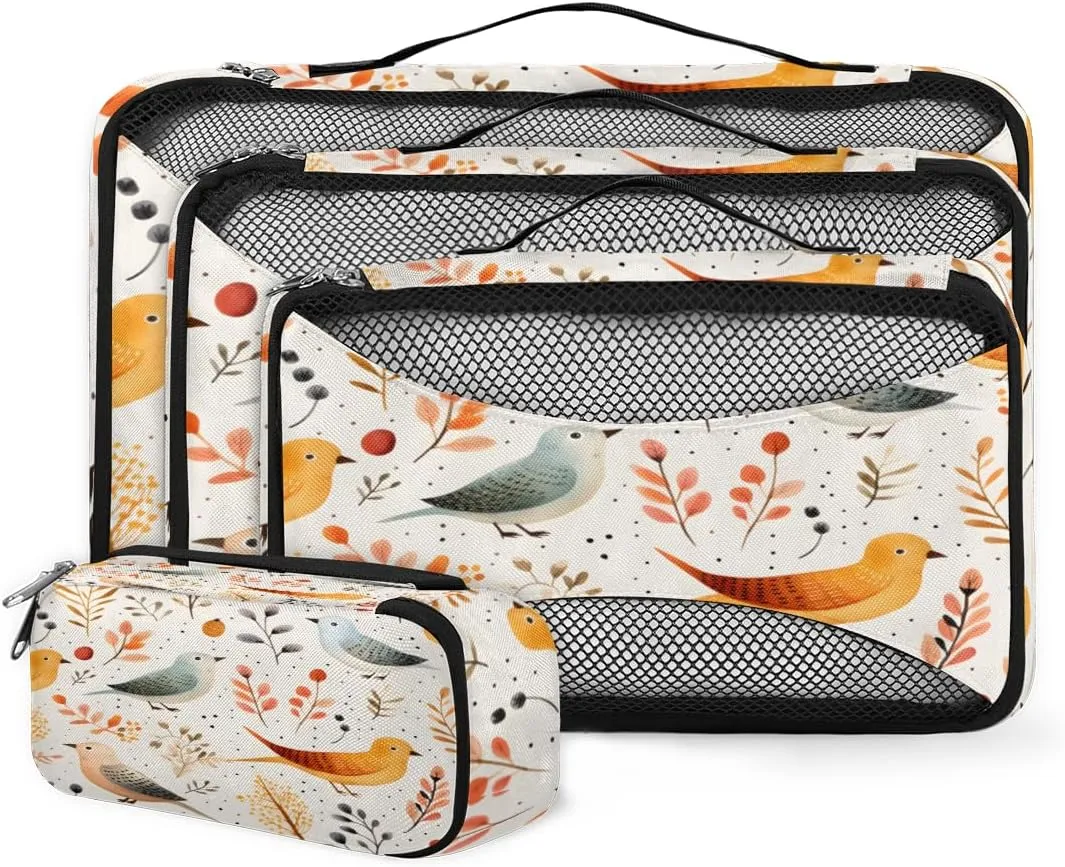 4 Set Packing Cubes for Suitcases, Travel Essentials for Carry on Luggage, Cartoon Bird Suitcase Organizers for Clothes Shoes Toiletries Travel Accessories in 4 Sizes - Romantic Bird