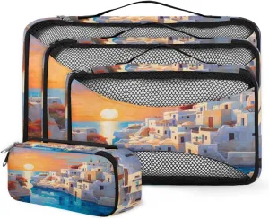4 Set Packing Cubes for Suitcases, Travel Essentials for Carry on Luggage, Cartoon City Suitcase Organizers for Clothes Shoes Toiletries Travel Accessories in 4 Sizes - Watercolor City