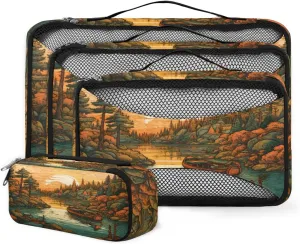 4 Set Packing Cubes for Suitcases, Travel Essentials for Carry on Luggage, Cartoon Forest Suitcase Organizers for Clothes Shoes Toiletries Travel Accessories in 4 Sizes - Sunset Forest