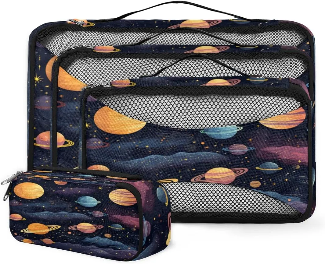 4 Set Packing Cubes for Suitcases, Travel Essentials for Carry on Luggage, Cartoon Galaxy Suitcase Organizers for Clothes Shoes Toiletries Travel Accessories in 4 Sizes - Abstract Galaxy