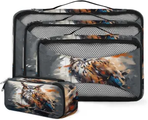 4 Set Packing Cubes for Suitcases, Travel Essentials for Carry on Luggage, Cartoon Owl Suitcase Organizers for Clothes Shoes Toiletries Travel Accessories in 4 Sizes - Abstract Owl