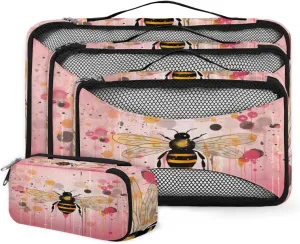 4 Set Packing Cubes for Suitcases, Travel Essentials for Carry on Luggage, Colorful Bee Suitcase Organizers for Clothes Shoes Toiletries Travel Accessories in 4 Sizes - Cartoon Bee