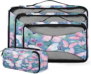4 Set Packing Cubes for Suitcases, Travel Essentials for Carry on Luggage, Colorful Butterfly Suitcase Organizers for Clothes Shoes Toiletries Travel Accessories in 4 Sizes - Flowers Butterfly