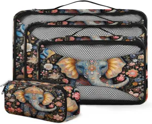 4 Set Packing Cubes for Suitcases, Travel Essentials for Carry on Luggage, Colorful Elephant Suitcase Organizers for Clothes Shoes Toiletries Travel Accessories in 4 Sizes - Ethnic Elephant