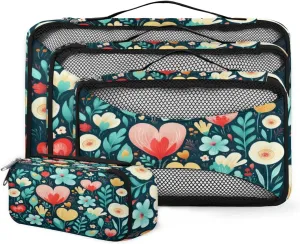 4 Set Packing Cubes for Suitcases, Travel Essentials for Carry on Luggage, Colorful Flowers Suitcase Organizers for Clothes Shoes Toiletries Travel Accessories in 4 Sizes - Watercolor Flowers