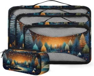 4 Set Packing Cubes for Suitcases, Travel Essentials for Carry on Luggage, Colorful Forest Suitcase Organizers for Clothes Shoes Toiletries Travel Accessories in 4 Sizes - Abstract Forest