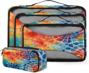 4 Set Packing Cubes for Suitcases, Travel Essentials for Carry on Luggage, Colorful Powder Suitcase Organizers for Clothes Shoes Toiletries Travel Accessories in 4 Sizes | Watercolor Explosion