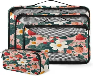 4 Set Packing Cubes for Suitcases, Travel Essentials for Carry on Luggage, Colorful Strawberry Suitcase Organizers for Clothes Shoes Toiletries Travel Accessories in 4 Sizes - Graffiti Strawberry