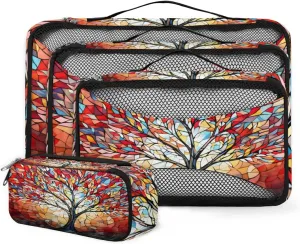 4 Set Packing Cubes for Suitcases, Travel Essentials for Carry on Luggage, Colorful Tree Suitcase Organizers for Clothes Shoes Toiletries Travel Accessories in 4 Sizes - Artistic Tree