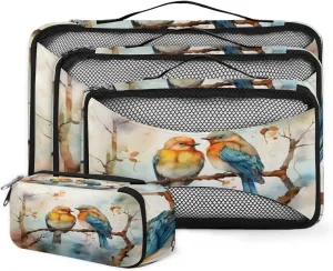 4 Set Packing Cubes for Suitcases, Travel Essentials for Carry on Luggage, Cute Bird Suitcase Organizers for Clothes Shoes Toiletries Travel Accessories in 4 Sizes - Lovely Bird