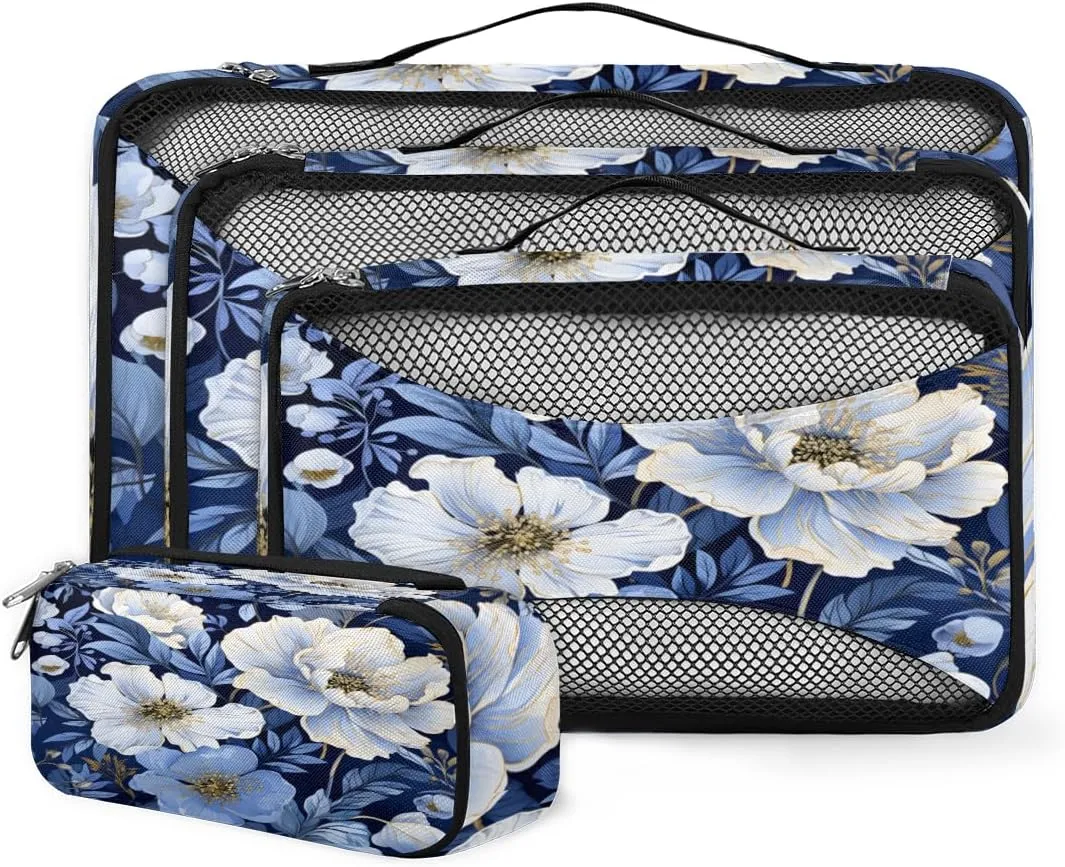 4 Set Packing Cubes for Suitcases, Travel Essentials for Carry on Luggage, Cute Flower Suitcase Organizers for Clothes Shoes Toiletries Travel Accessories in 4 Sizes - Modern Flower