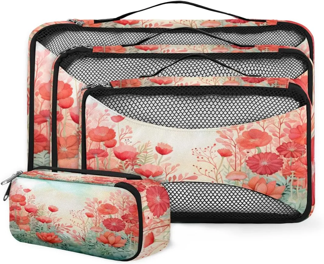 4 Set Packing Cubes for Suitcases, Travel Essentials for Carry on Luggage, Cute Flowers Suitcase Organizers for Clothes Shoes Toiletries Travel Accessories in 4 Sizes - Bright Flowers