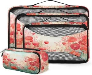 4 Set Packing Cubes for Suitcases, Travel Essentials for Carry on Luggage, Cute Flowers Suitcase Organizers for Clothes Shoes Toiletries Travel Accessories in 4 Sizes - Bright Flowers